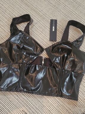 Fashion Nova Black Shiny Bustier Crop Top XS